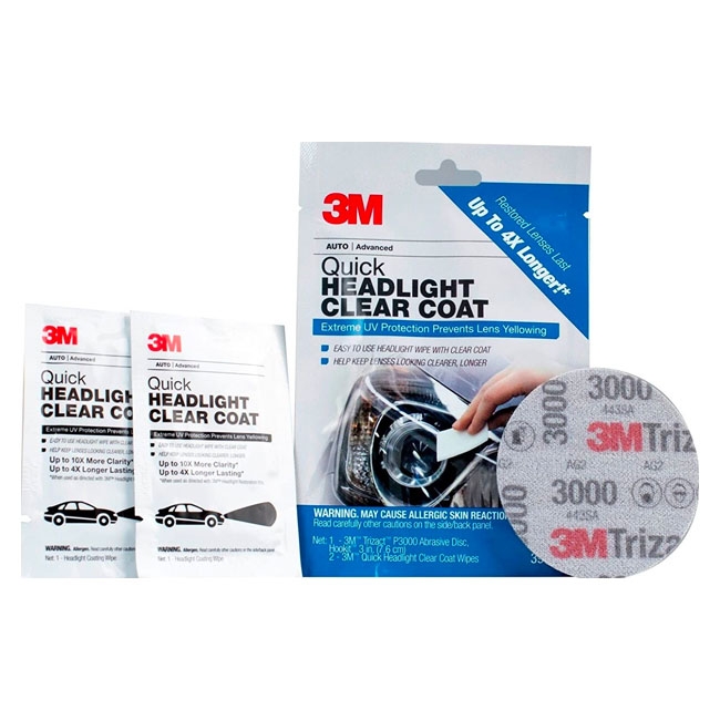 3M Quick Headlight Clear Coat Kit (contains 2x wipes, 1x 3000 grit sanding disc)