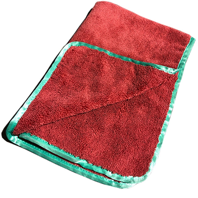 Dual-Pile 380 Microfiber Towel - Red w/ Green Silk Edges - 16" x 24" 