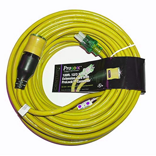 Pro Lock 12/3 SJTW Lighted Extension Cord with CGM, Yellow - 50 ft.